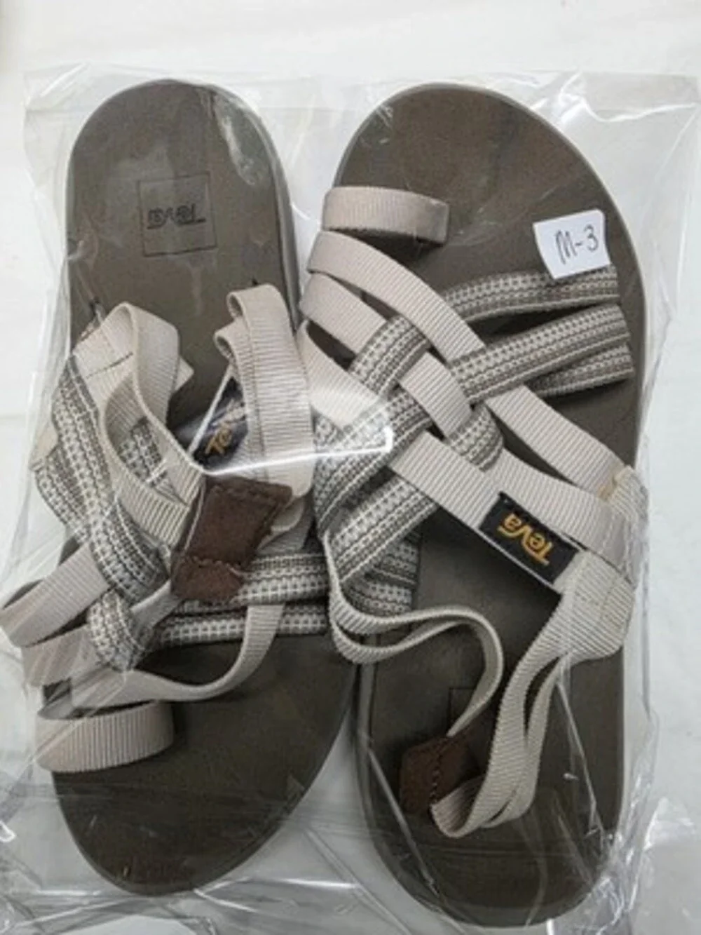 Teva woman's Strappy Sandals Slip-On Striped Beige/Gray/Olive US 6 EU 37